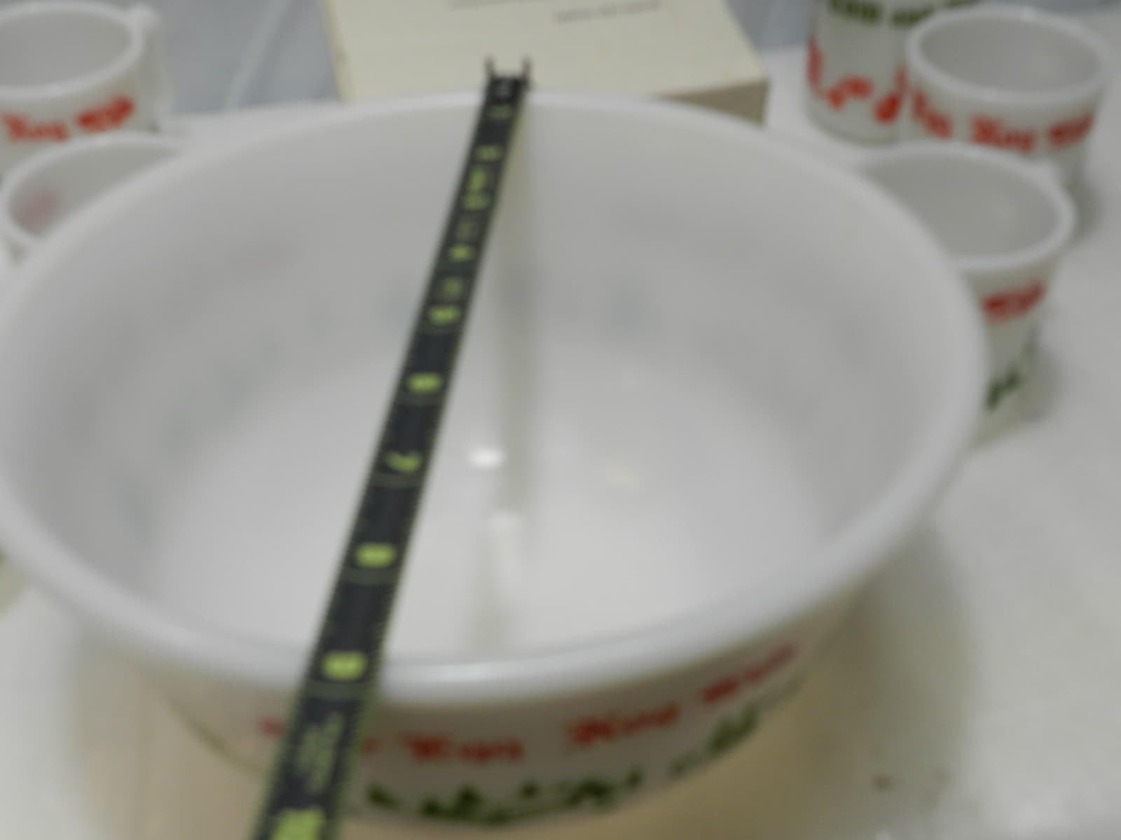 Vintage Hazel Atlas Milk Glass Christmas Egg Nog Set Punch Bowl And 6 Mugs E26J - Thumbnail 4