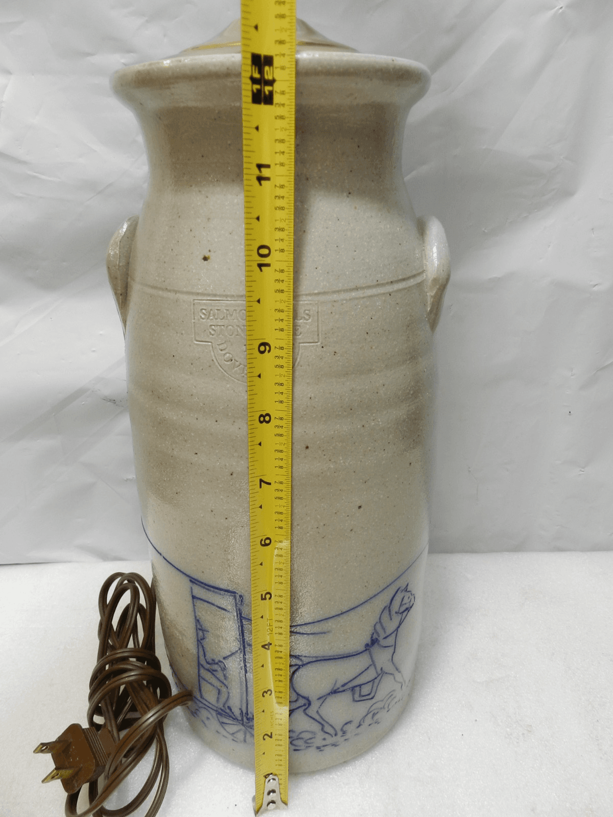 SALMON FALLS Dover, NH Salt Glazed Pottery Crock Lamp Amish Buggy Design I48S - Thumbnail 11