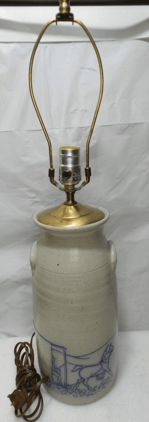 SALMON FALLS Dover, NH Salt Glazed Pottery Crock Lamp Amish Buggy Design I48S - Thumbnail 10