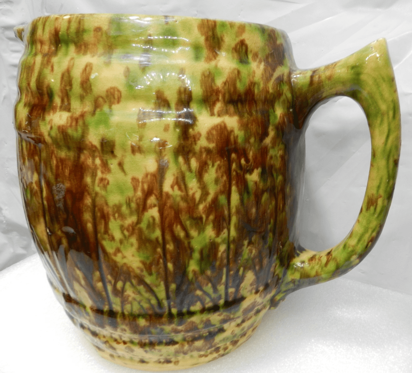 Vintage MORTON Spongeware BARREL PITCHER Spatterware Stoneware 7.5" Tall (H3S) - Thumbnail 3
