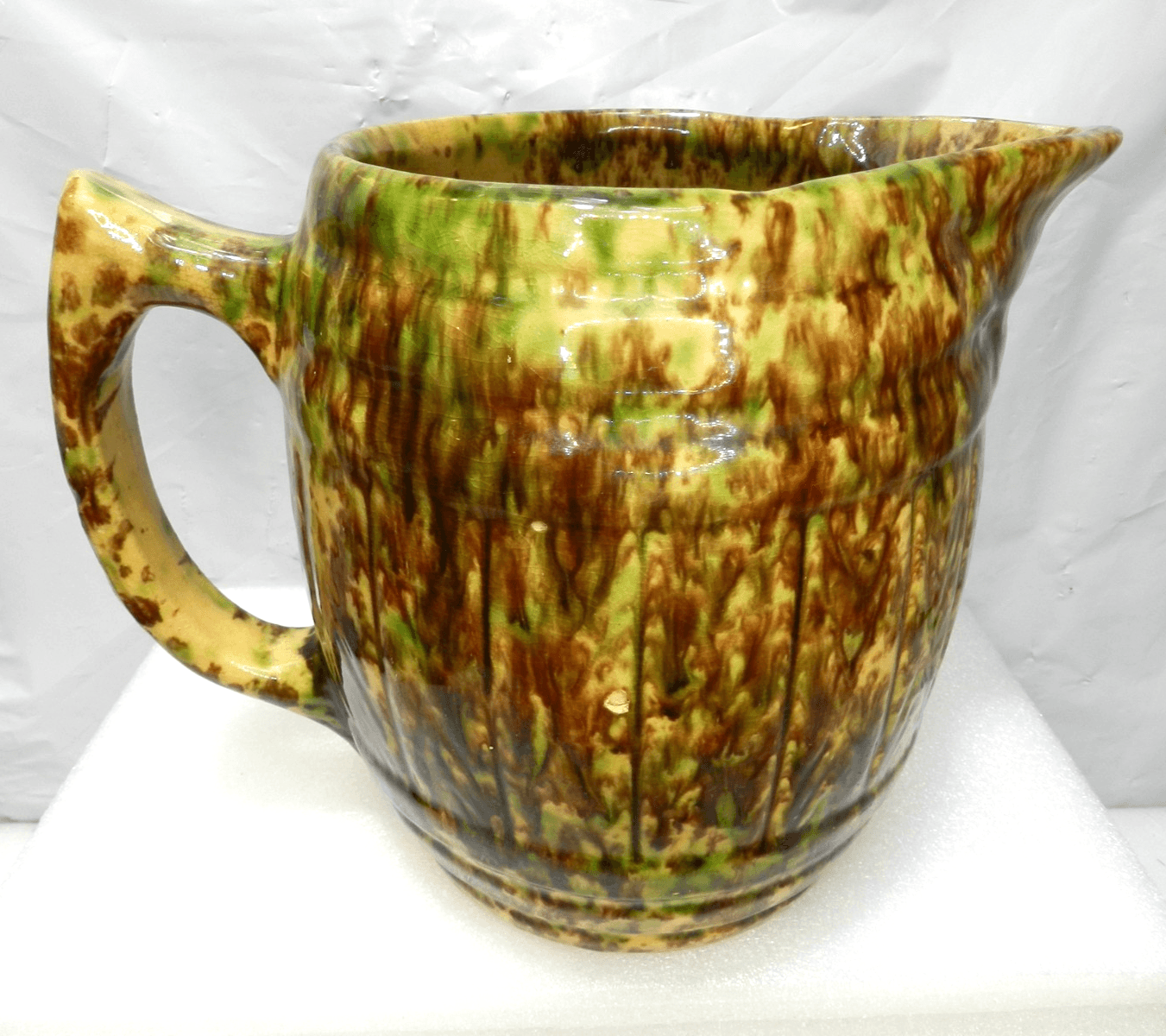 Vintage MORTON Spongeware BARREL PITCHER Spatterware Stoneware 7.5" Tall (H3S) - Thumbnail 5