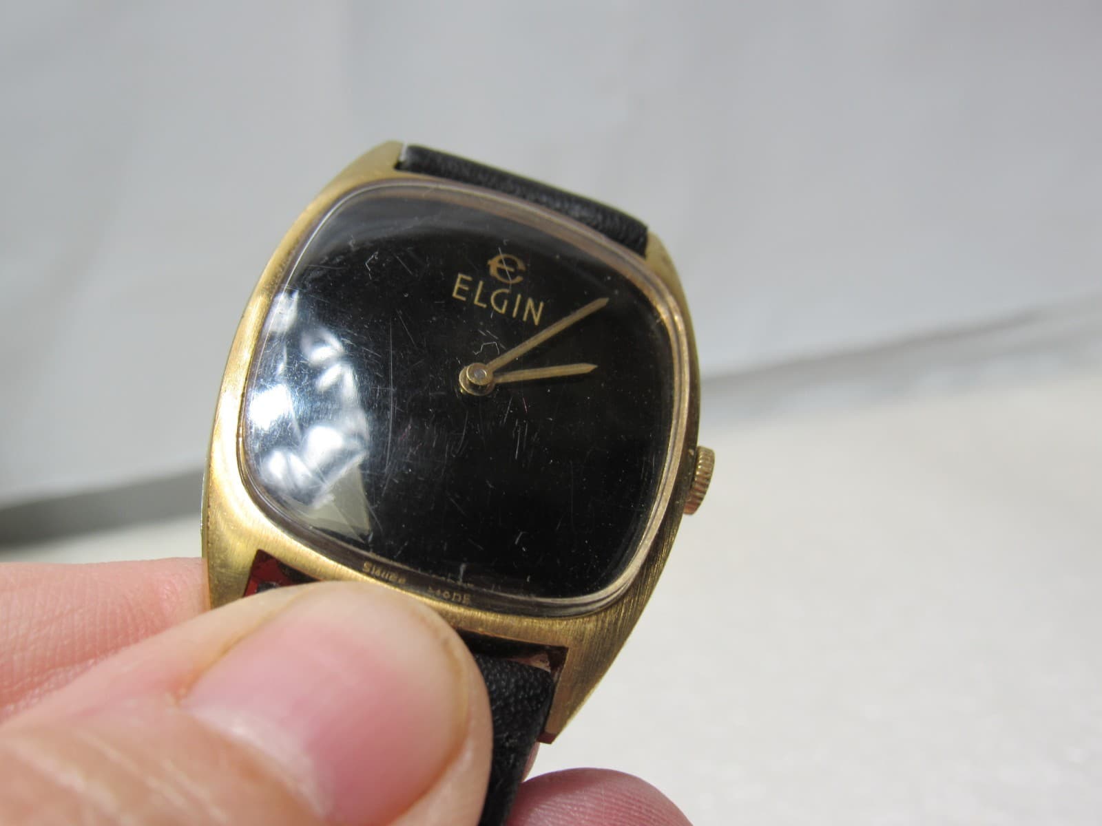 Vintage Elgin Mens Dress Black Face Wrist Watch w/ Case (U64JJ) - Thumbnail 3