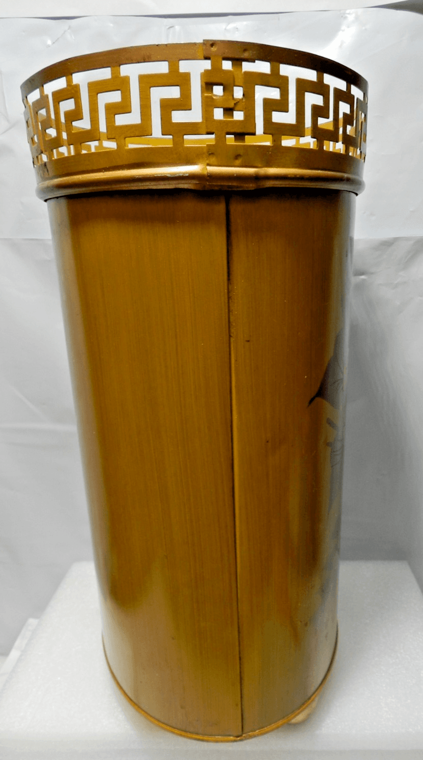 Vintage Plymouth Tole Hand Painted Metal Waste Basket MCM Floral Gold M14J - Thumbnail 5