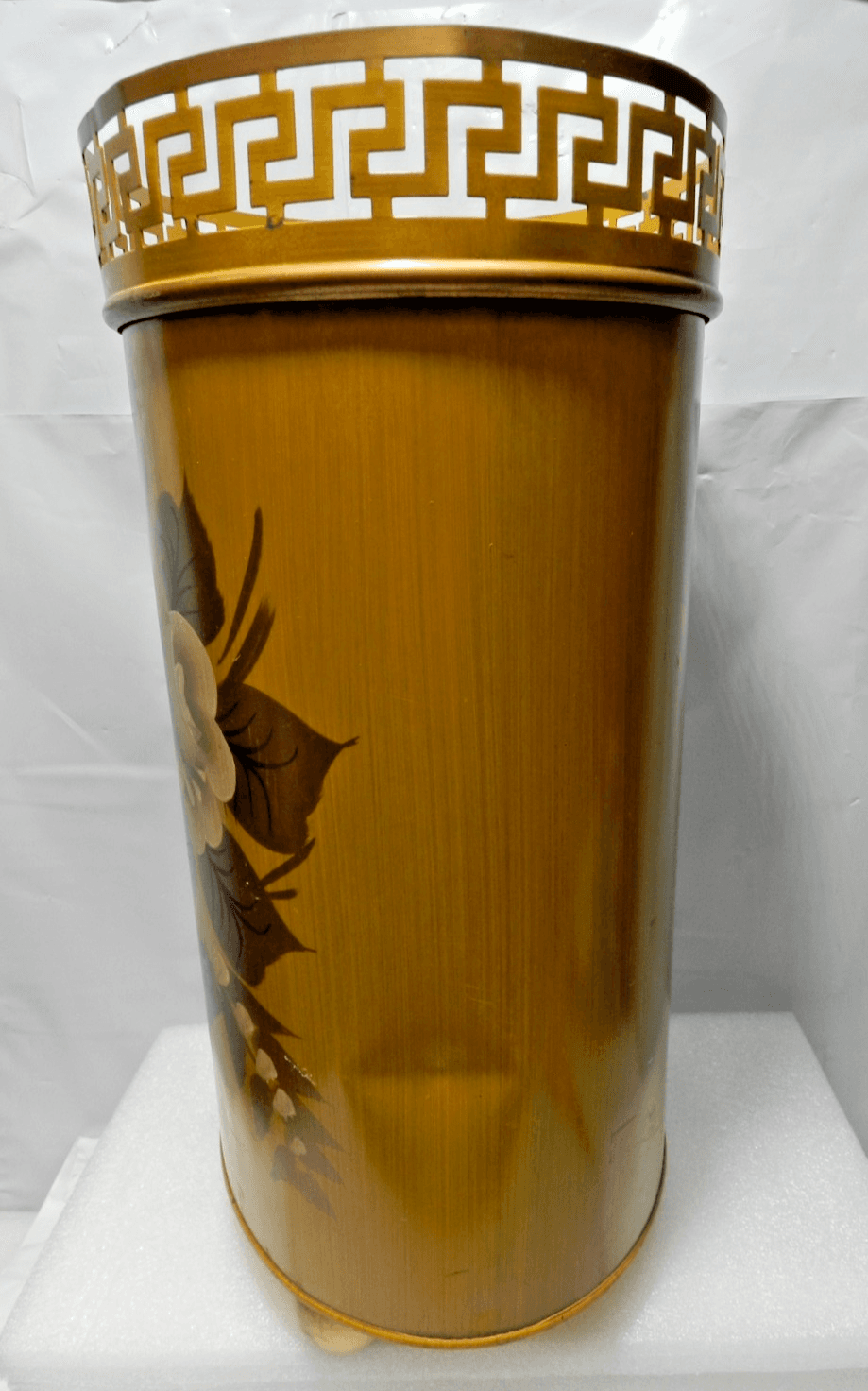 Vintage Plymouth Tole Hand Painted Metal Waste Basket MCM Floral Gold M14J - Thumbnail 2