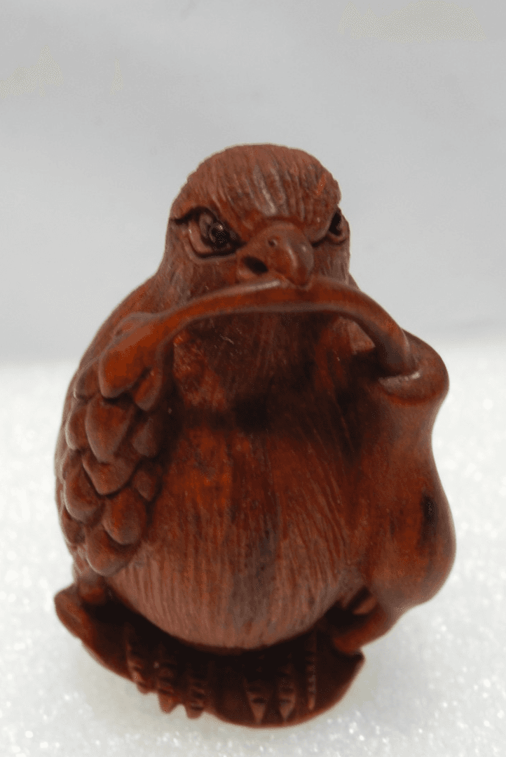 Netsuke Japanese Boxwood Hand Carved Bird w/ ear of Wheat Prosperity Signed I59S - Thumbnail 5