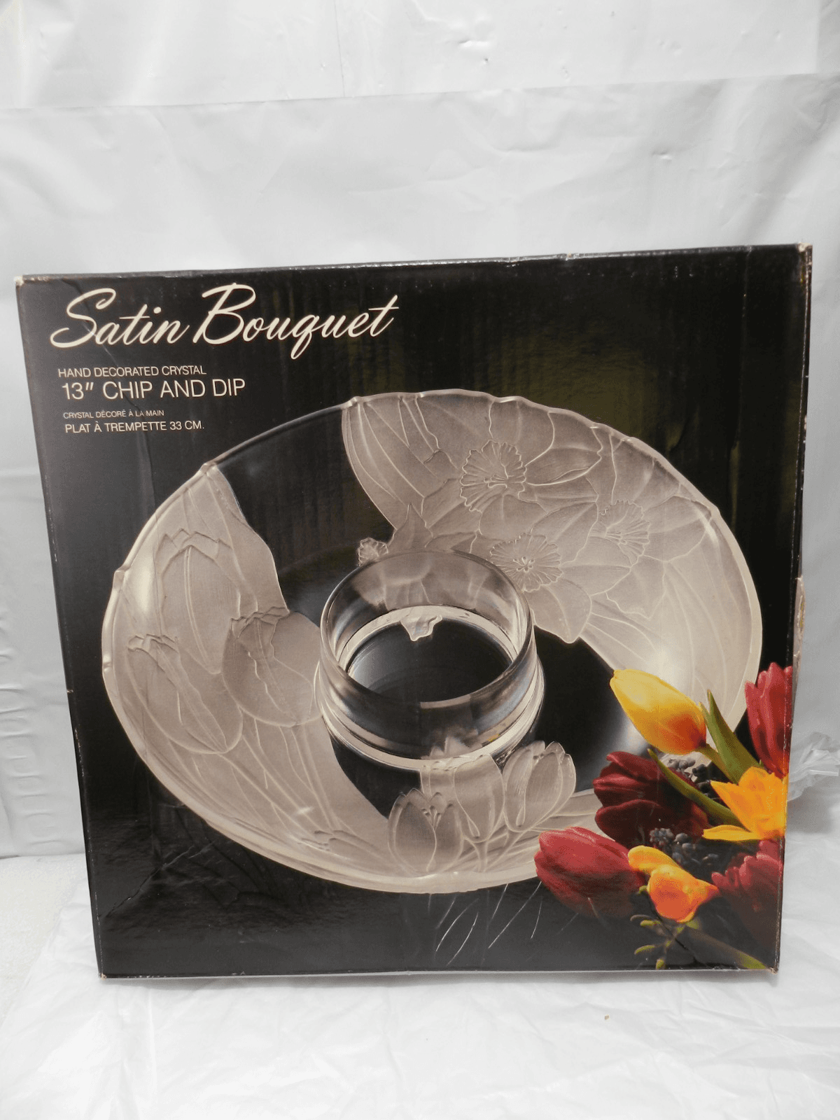 Satin Bouquet Hand Decorated Floral Crystal Chip & Dip Dish Plate 13" M21J - Thumbnail 8