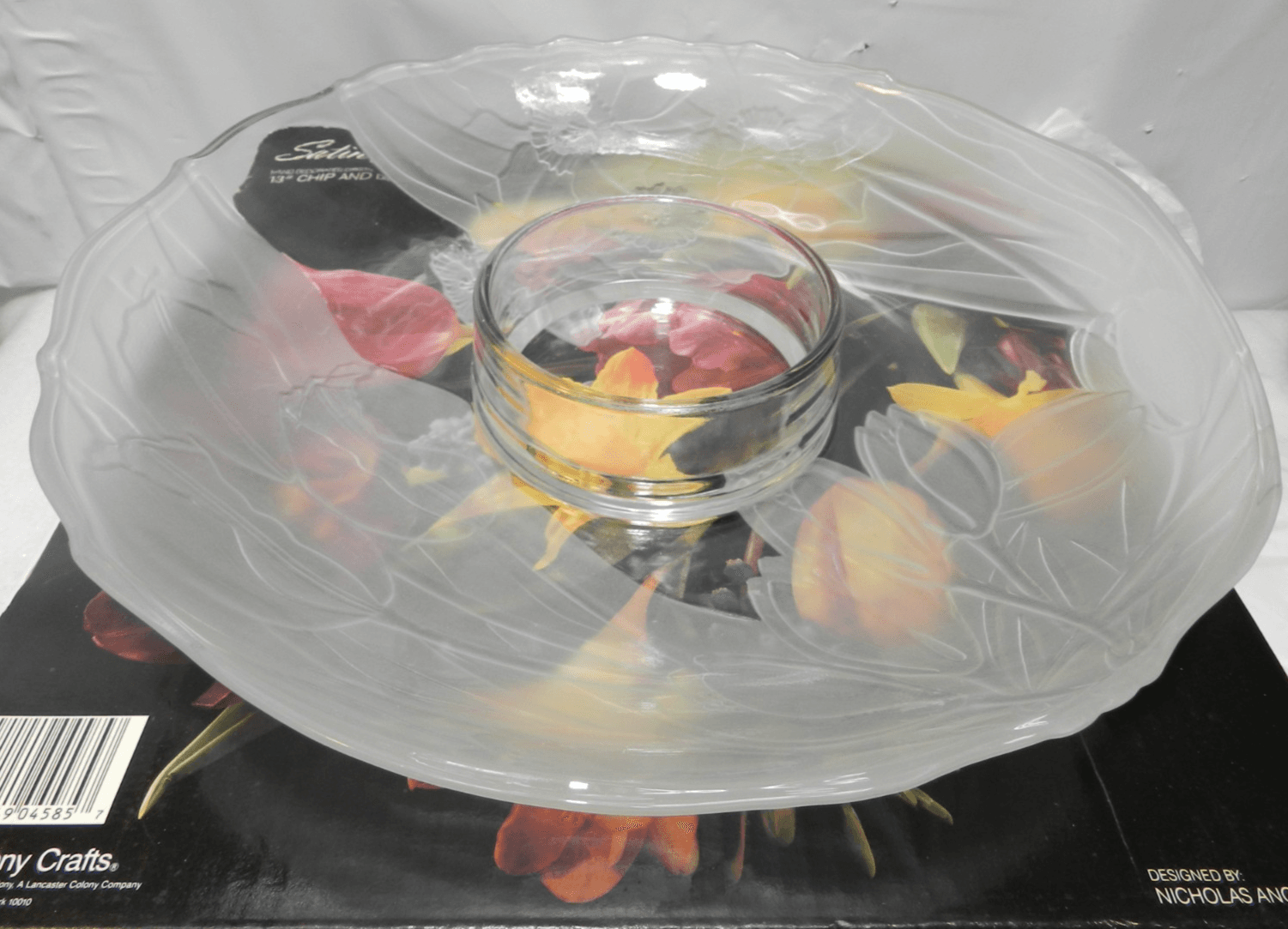 Satin Bouquet Hand Decorated Floral Crystal Chip & Dip Dish Plate 13" M21J - Thumbnail 2