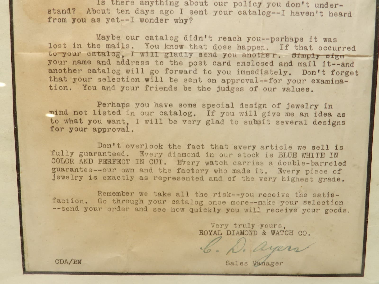 1923 Royal & Diamond Watch Co New York NY Customer Letter Salesman Framed (I72S - Thumbnail 4
