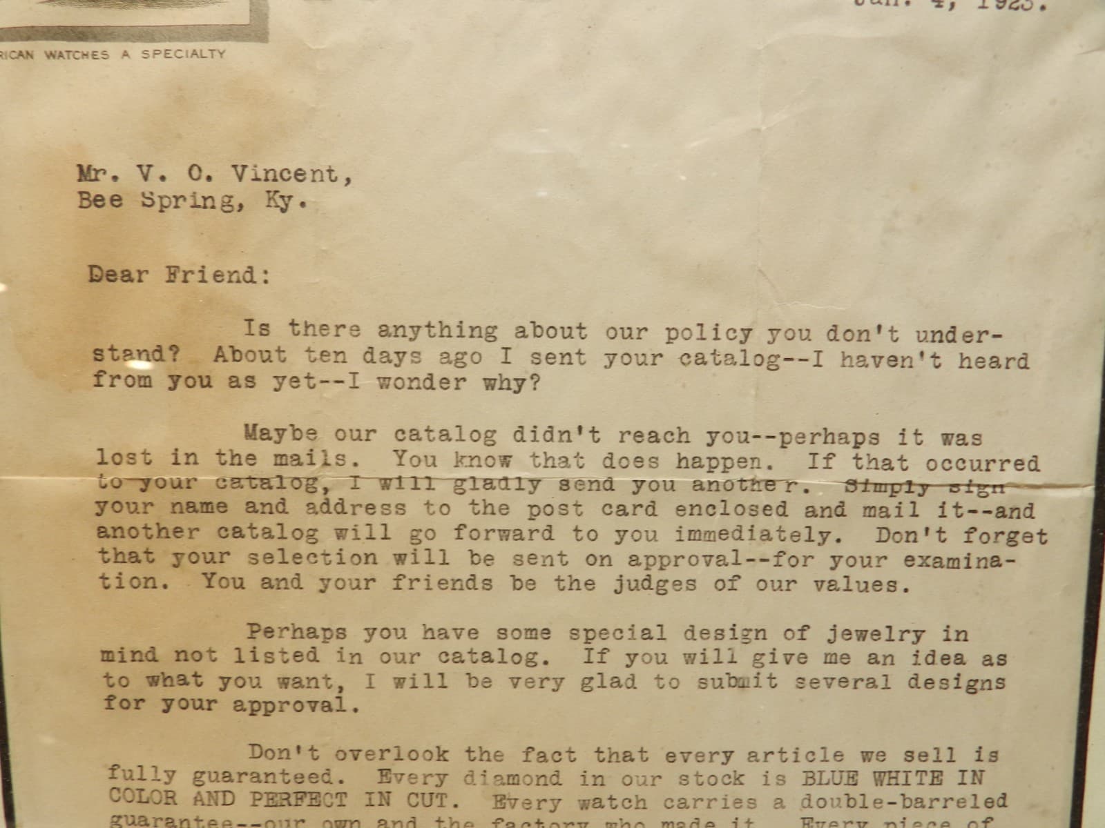 1923 Royal & Diamond Watch Co New York NY Customer Letter Salesman Framed (I72S - Thumbnail 3