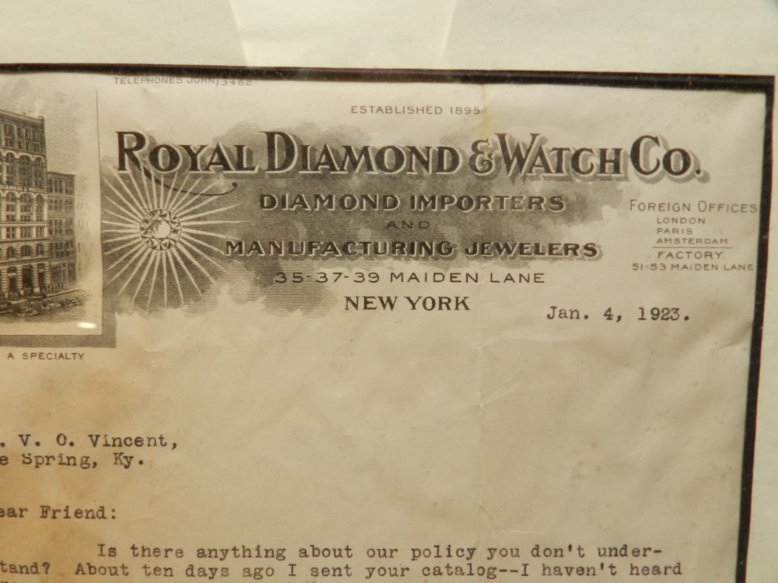 1923 Royal & Diamond Watch Co New York NY Customer Letter Salesman Framed (I72S - Thumbnail 2