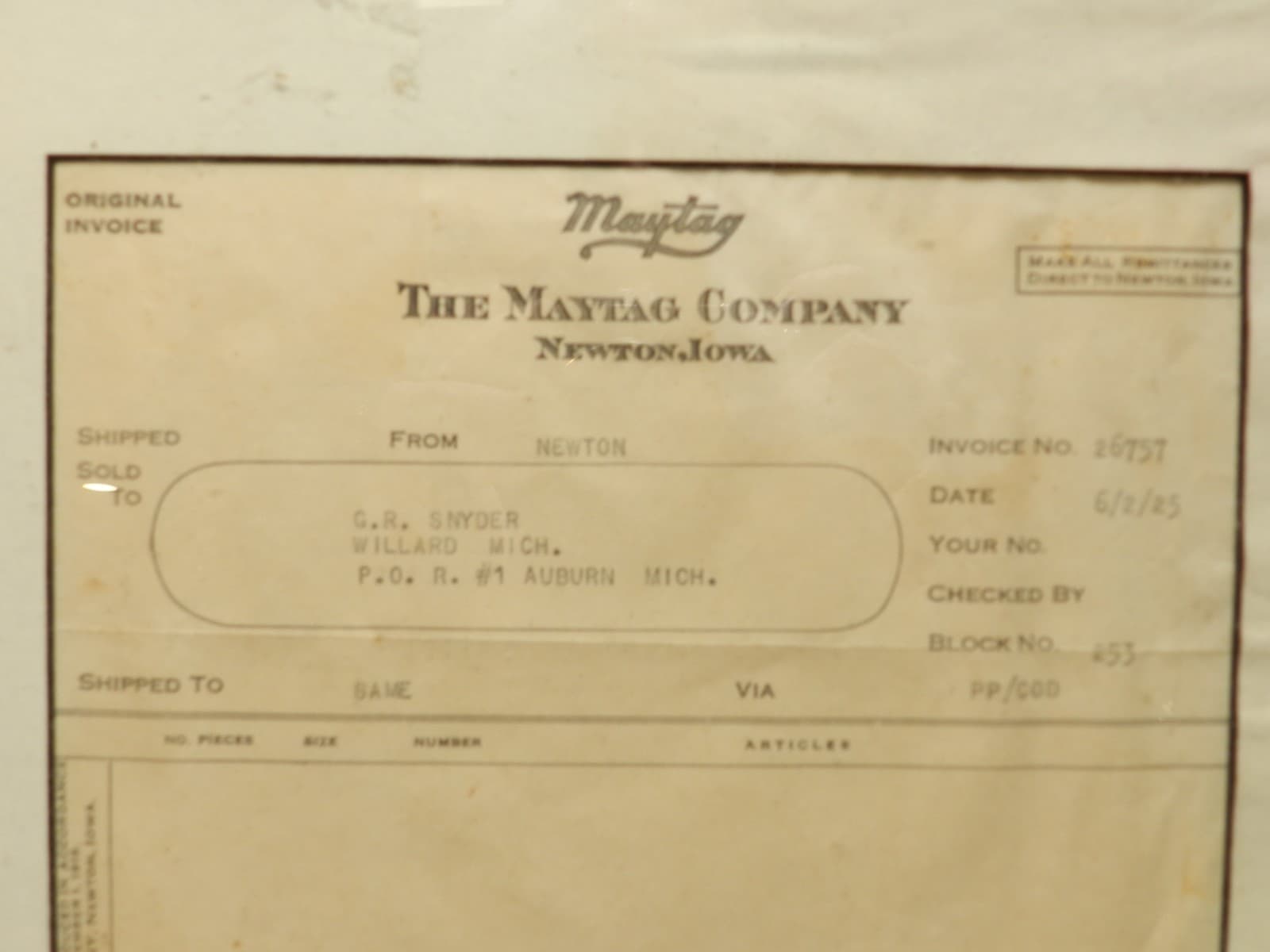 Vintage 1925 The Maytag Co. Invoice Netwon, Iowa Sales Invoice 6/2/1925 (I71S) - Thumbnail 2