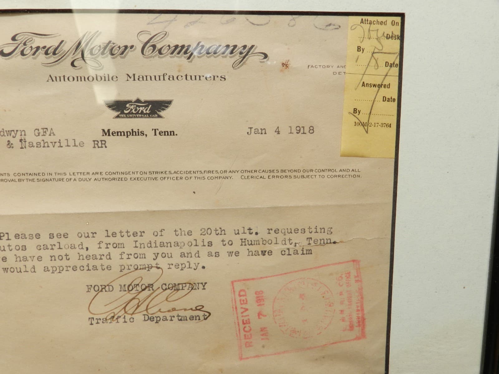 1918 Ford Motor Co Letter Memphis Tenn. Traffic Dept Jan. 4, 1918 (I74S) - Thumbnail 4