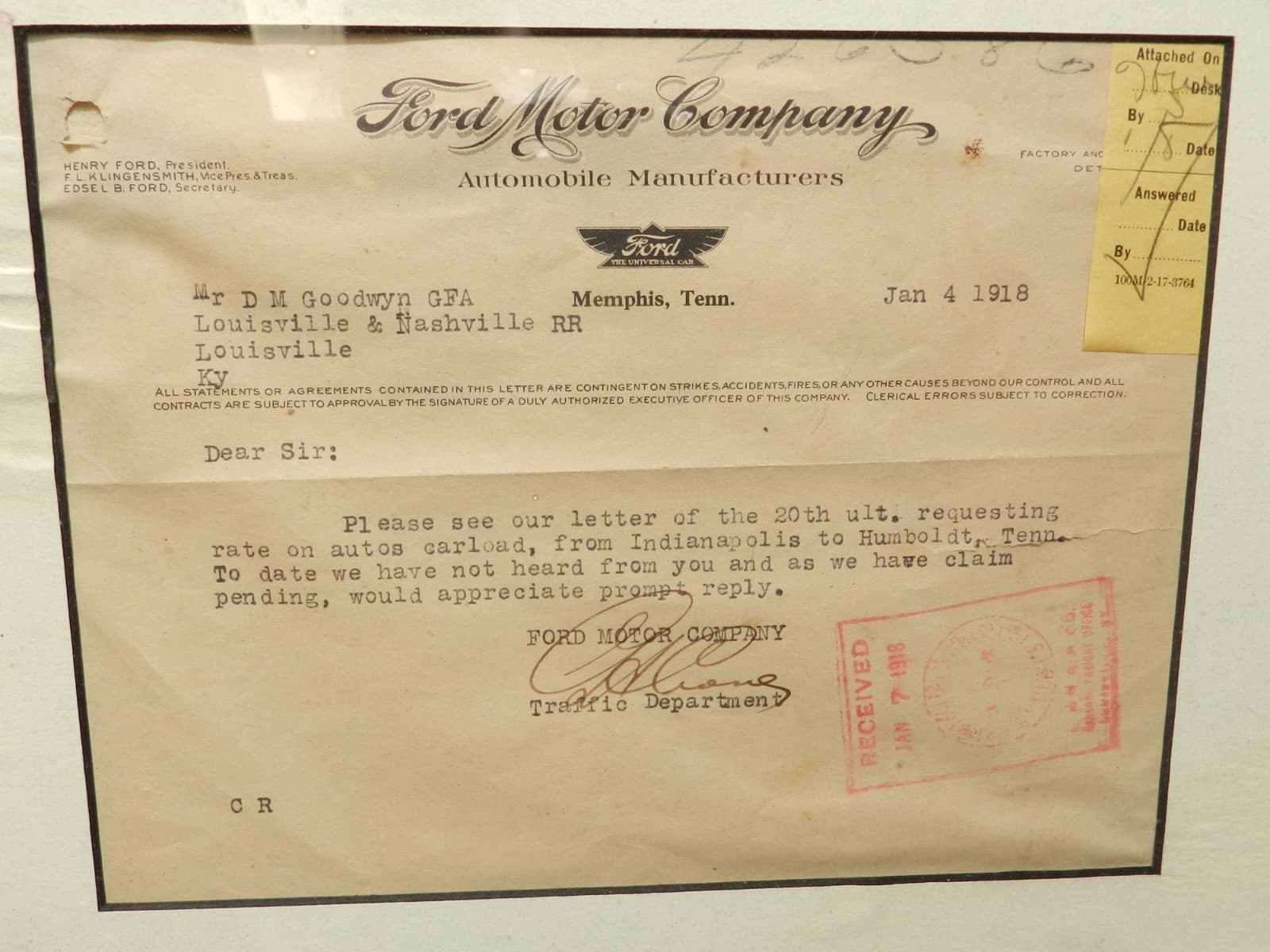 1918 Ford Motor Co Letter Memphis Tenn. Traffic Dept Jan. 4, 1918 (I74S) - Thumbnail 2
