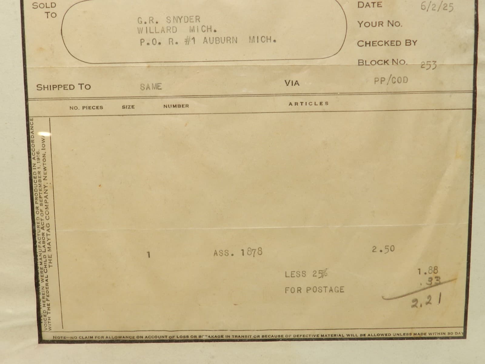 Vintage 1925 The Maytag Co. Invoice Netwon, Iowa Sales Invoice 6/2/1925 (I71S) - Thumbnail 3