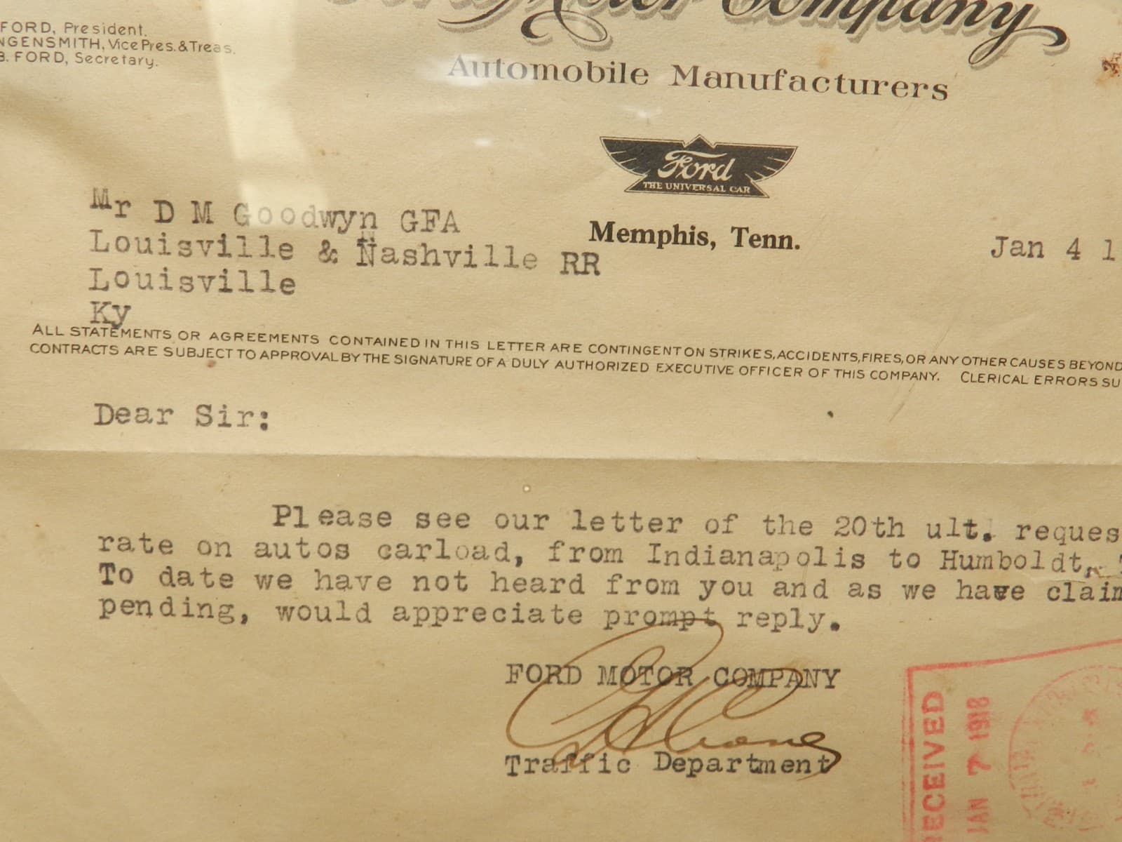 1918 Ford Motor Co Letter Memphis Tenn. Traffic Dept Jan. 4, 1918 (I74S) - Thumbnail 3