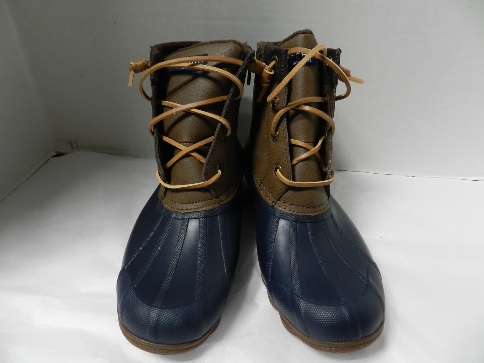 Sperry Saltwater Duck Boots Womens 7.5 Brown Navy Blue Waterproof Side Zip E41 - Thumbnail 2
