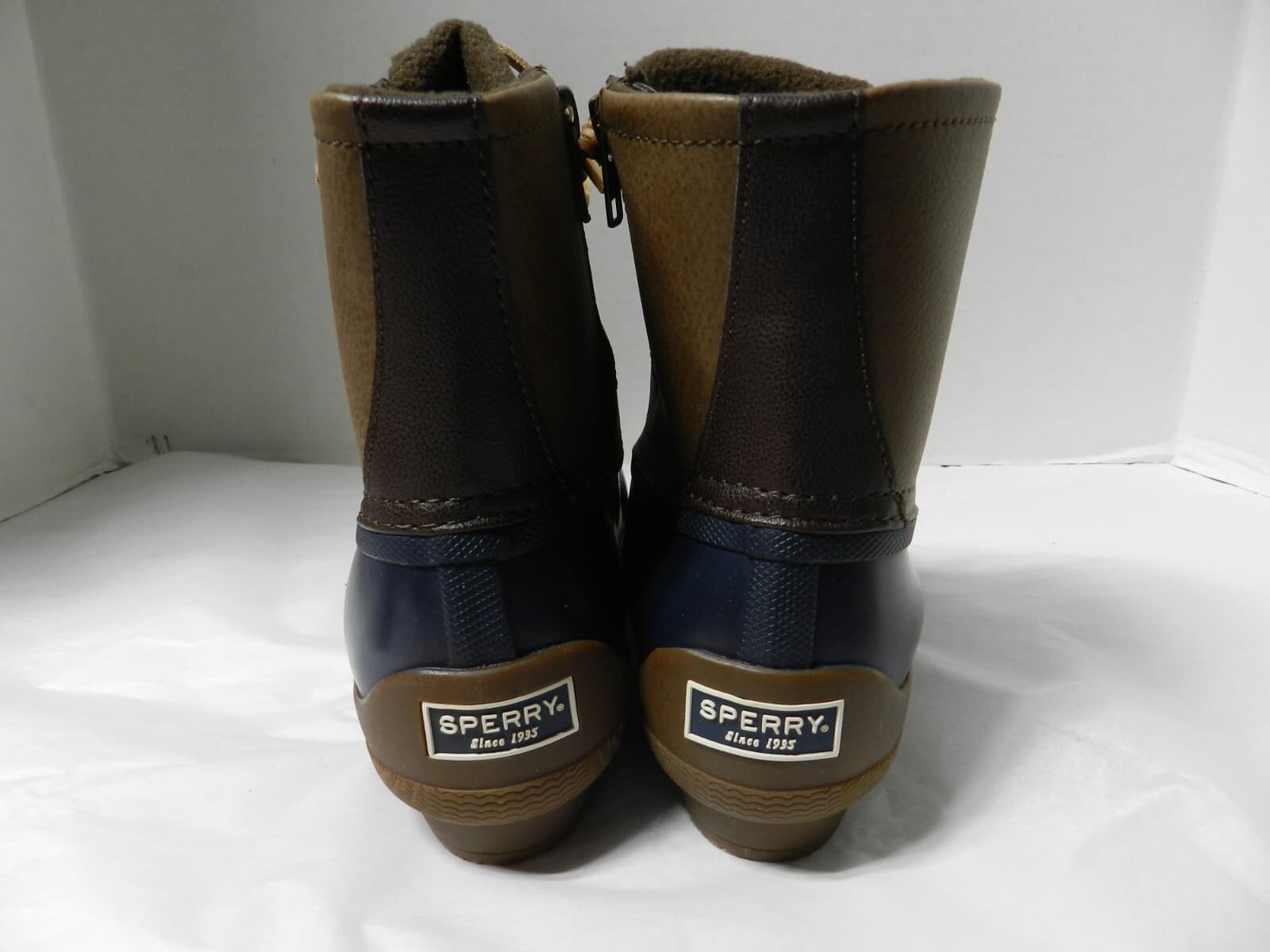 Sperry Saltwater Duck Boots Womens 7.5 Brown Navy Blue Waterproof Side Zip E41 - Thumbnail 3