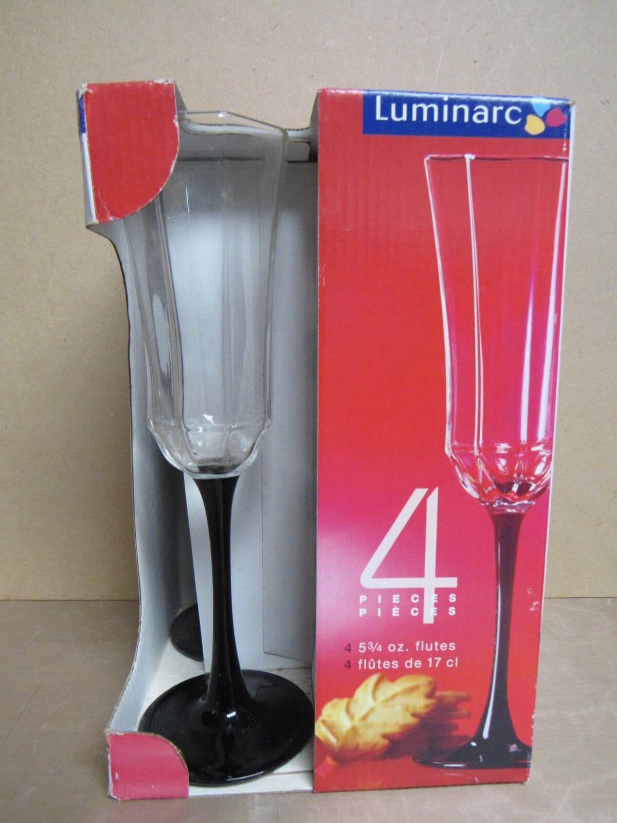 4 Vintage LUMINARC NOVOCTIME Crystal Black Stem CHAMPAGNE Flutes Wine Glass (j) - Thumbnail 3