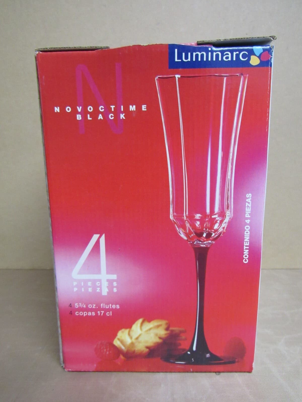 4 Vintage LUMINARC NOVOCTIME Crystal Black Stem CHAMPAGNE Flutes Wine Glass (j) - Thumbnail 2