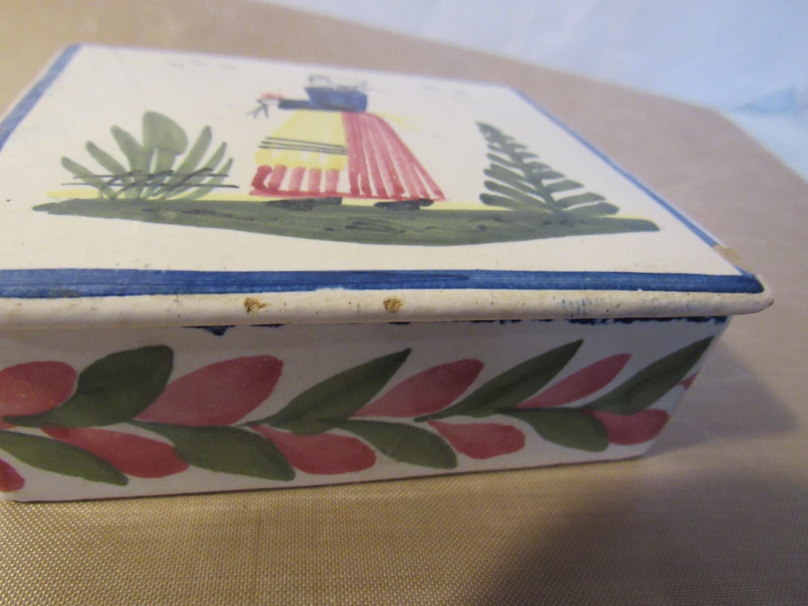 HB Quimper Faience France Trinket Box with Lid Breton Woman France W43S - Thumbnail 9