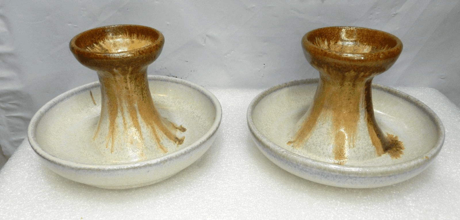 Pair Pigeon Forge Pottery Candle Holders Earth Tone Drip Glaze A. Huskey (H21S)