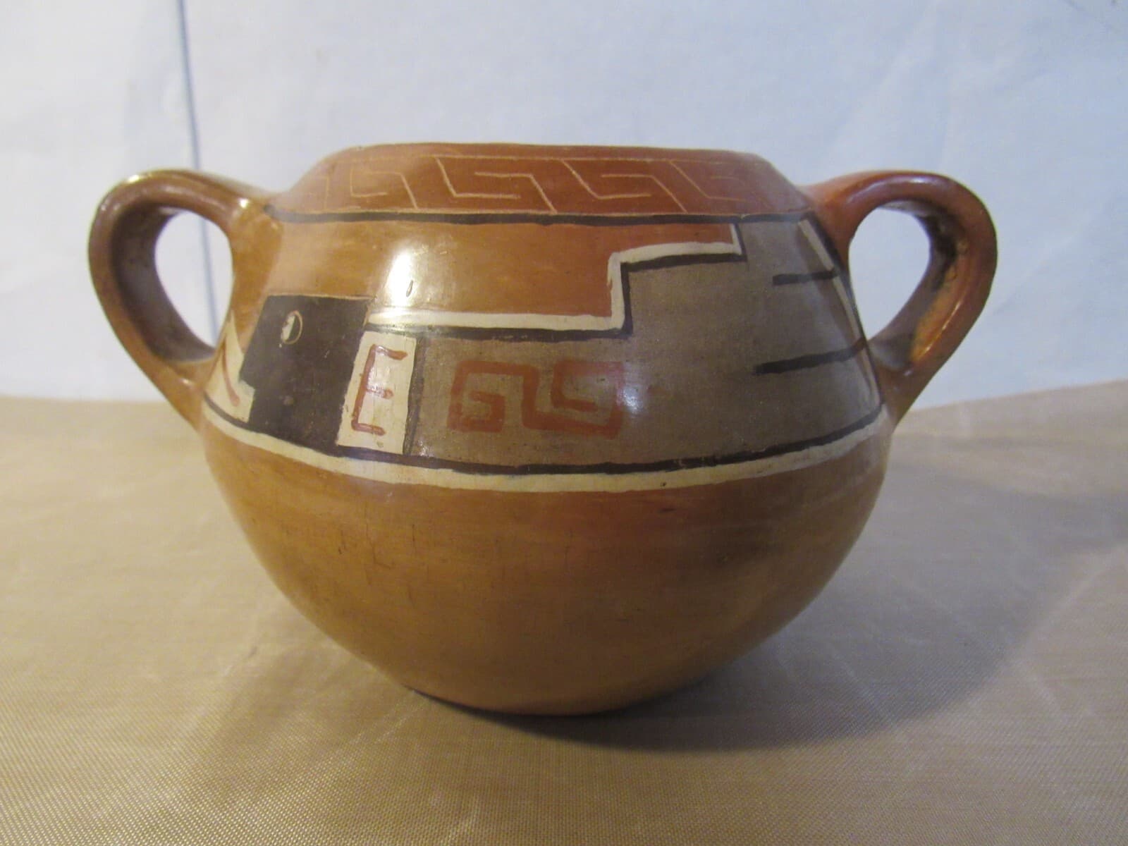 Vintage Hopi Pueblo Polychrome Two Handle Small Bowl Pot w44S