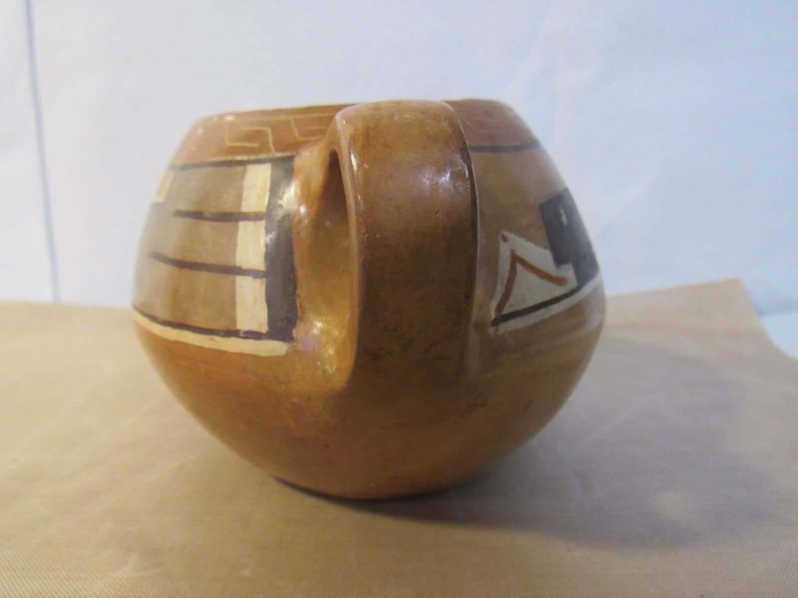 Vintage Hopi Pueblo Polychrome Two Handle Small Bowl Pot w44S - Thumbnail 4