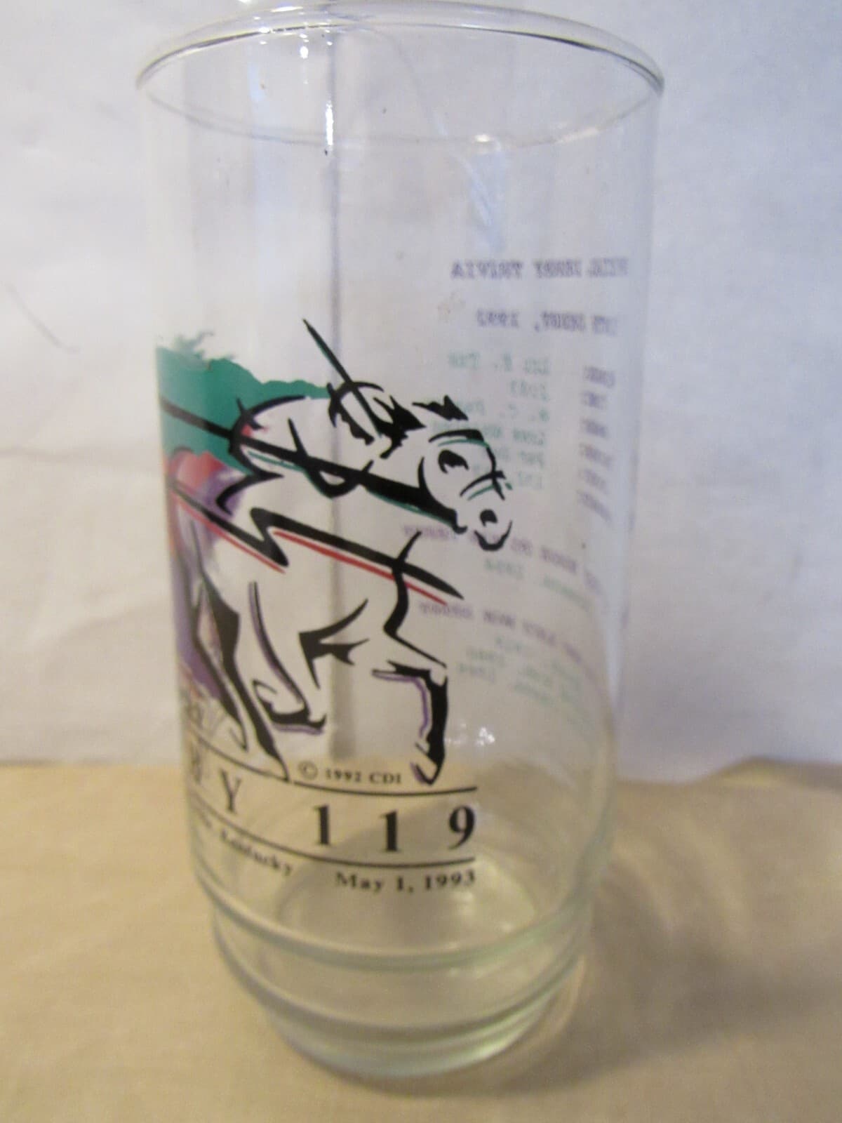 119th Kodak Kentucky Derby Trivia Glass 1993 Horse Racing W49S - Thumbnail 2
