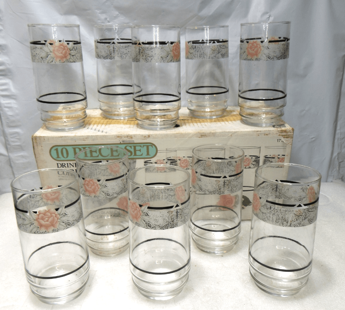 10 PC Corelle Coordinates Silk & Roses Drinking Glasses Set Original Box I87J
