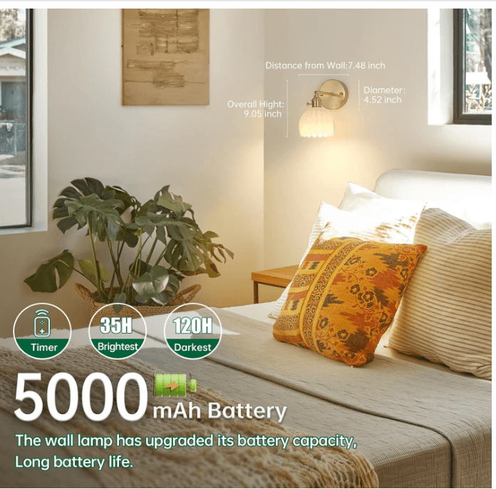 Shenmoyl Battery Operated Wall Sconce White Tulip Glass Lampshade w Remote H31K - Thumbnail 3