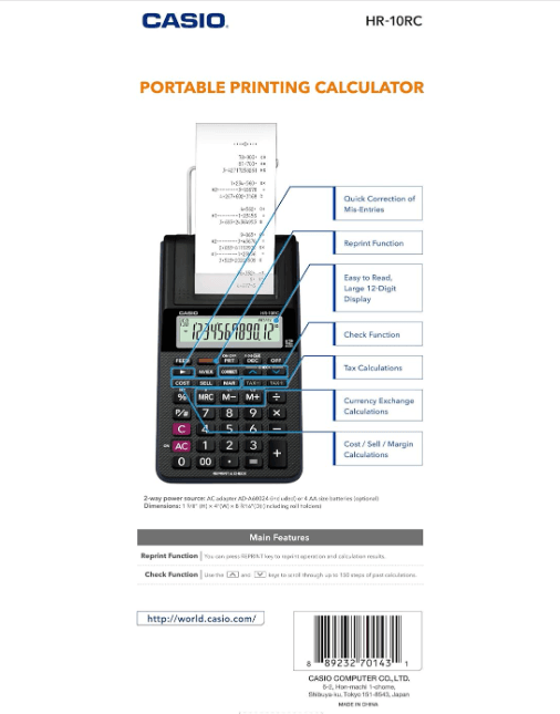 Casio HR-10RC Portable Printing Calculator 12 Digit Black AC Adapter Paper (M46K - Thumbnail 6