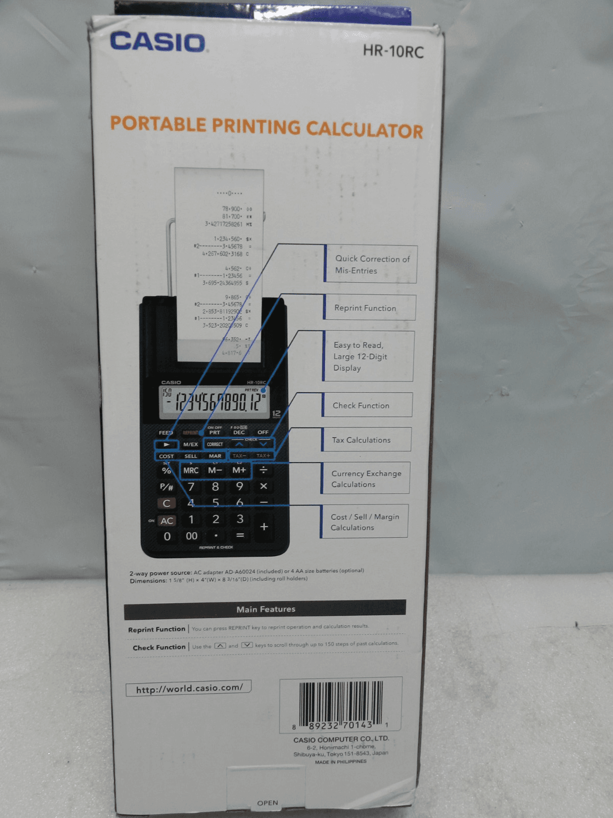 Casio HR-10RC Portable Printing Calculator 12 Digit Black AC Adapter Paper (M46K - Thumbnail 10