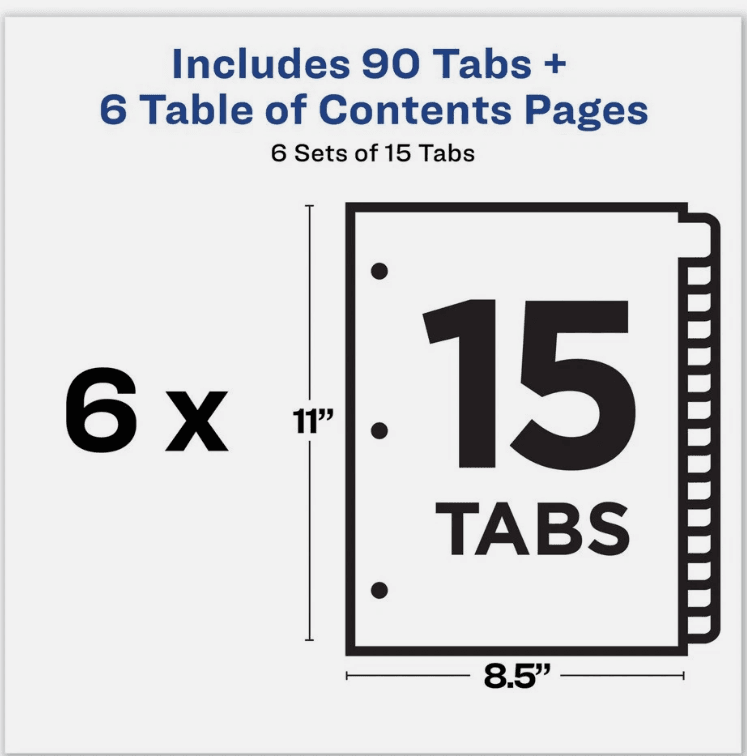 Avery 11197 11" x 8.5" 15-Tab 1-15 TOC Dividers Multi Tabs/White (6/PK) (S25K) - Thumbnail 13