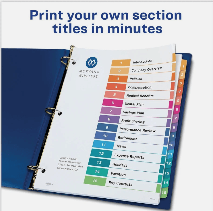 Avery 11197 11" x 8.5" 15-Tab 1-15 TOC Dividers Multi Tabs/White (6/PK) (S25K) - Thumbnail 11