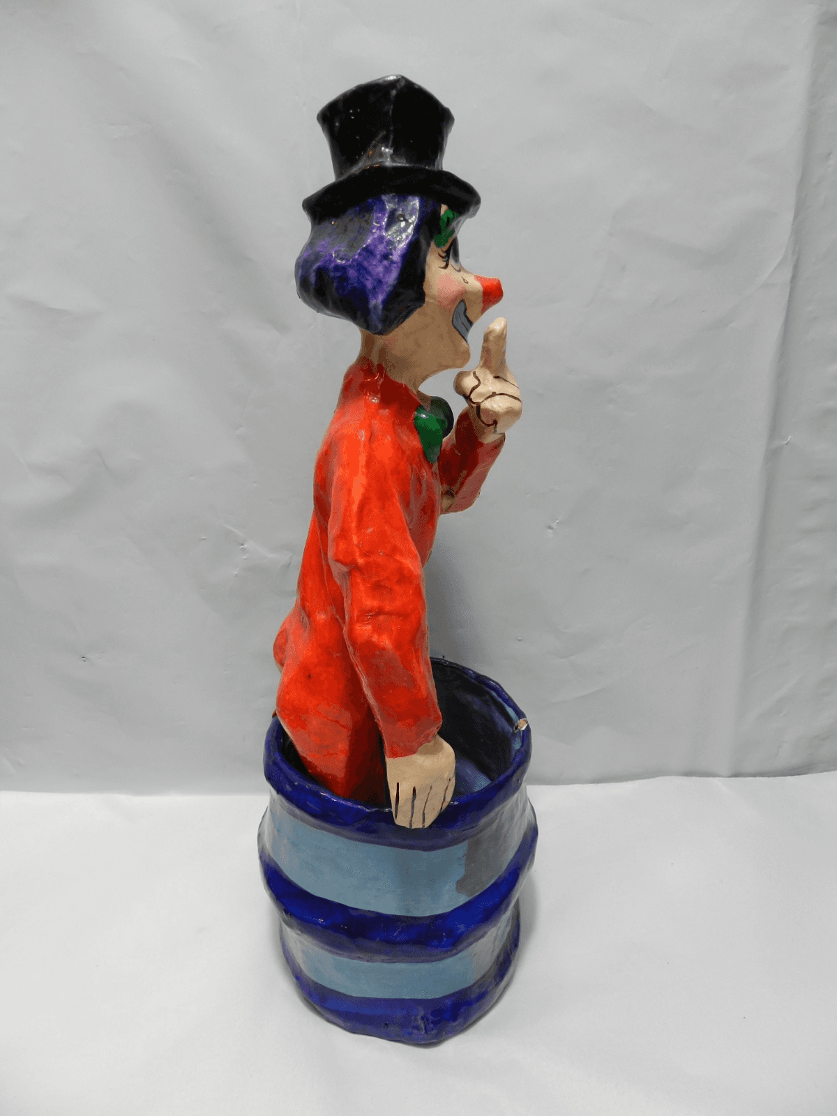 Paper Mache Circus/Rodeo Clown in Barrel Mexico Handmade 13.5" Z71S - Thumbnail 13