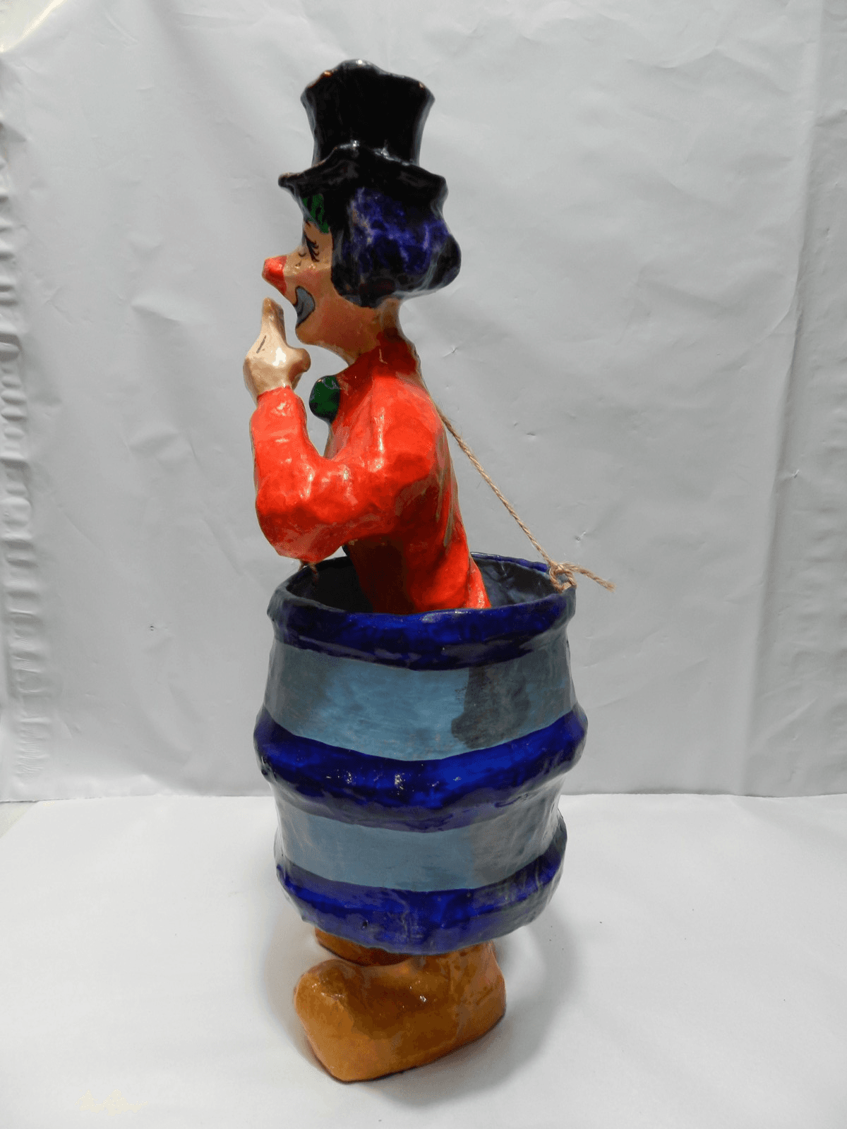 Paper Mache Circus/Rodeo Clown in Barrel Mexico Handmade 13.5" Z71S - Thumbnail 4