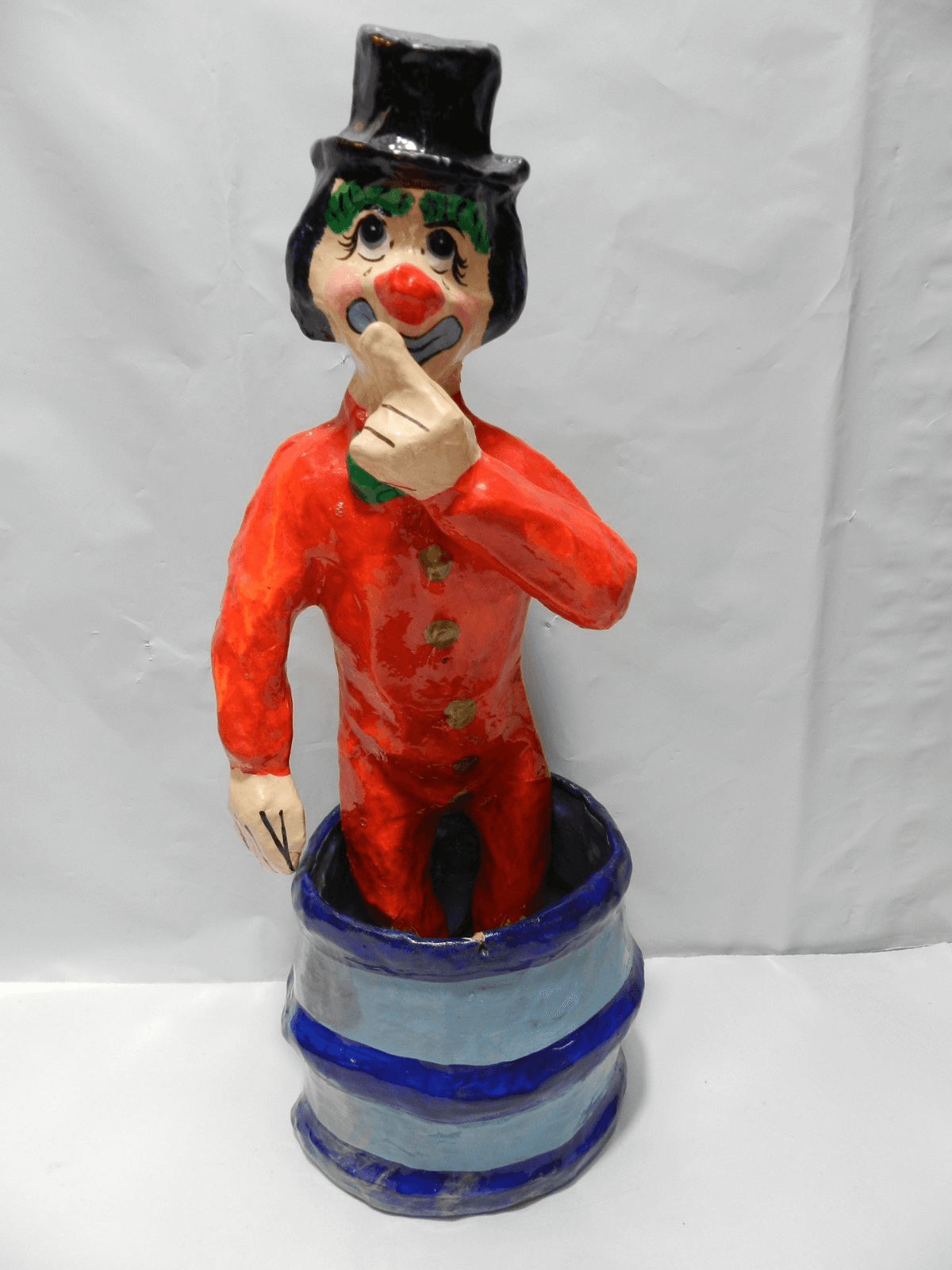 Paper Mache Circus/Rodeo Clown in Barrel Mexico Handmade 13.5" Z71S - Thumbnail 10