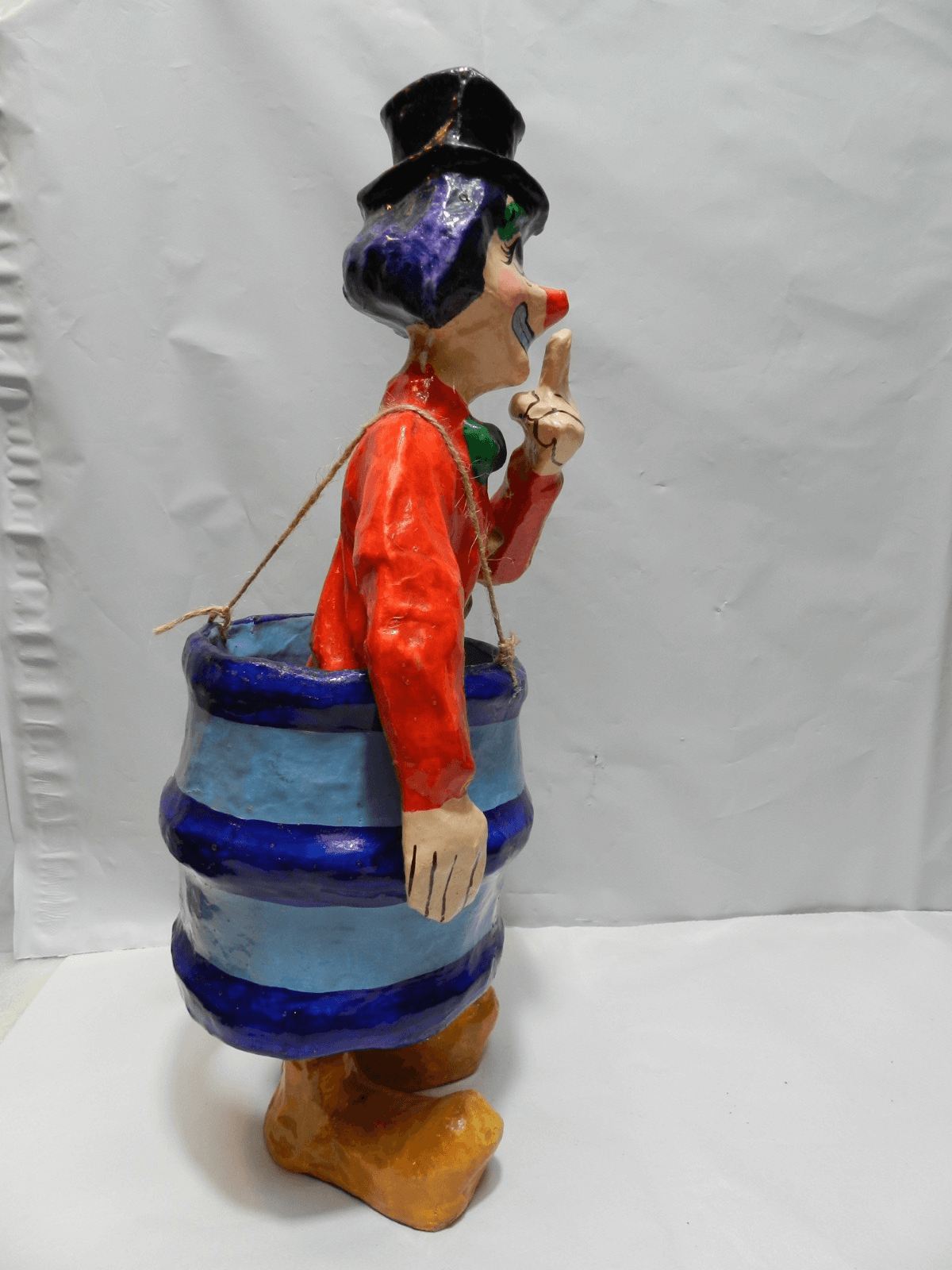 Paper Mache Circus/Rodeo Clown in Barrel Mexico Handmade 13.5" Z71S - Thumbnail 2