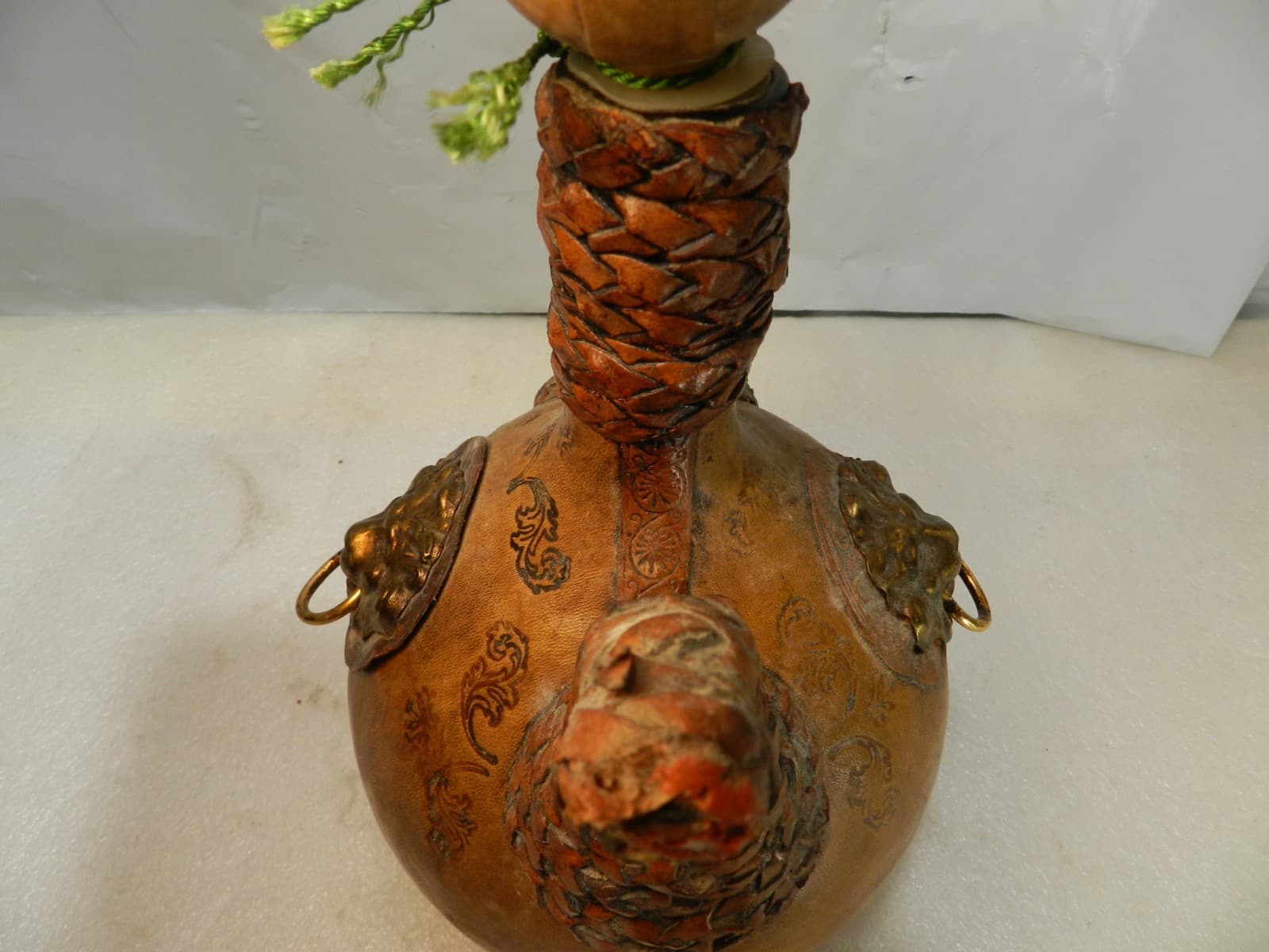 Vintage Italian Leather HandWrapped Decanter Bottle Lion Head Design Empty Y17J - Thumbnail 10