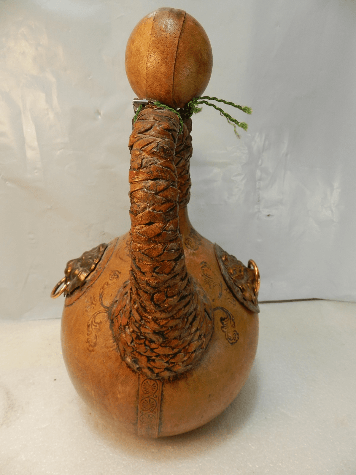 Vintage Italian Leather HandWrapped Decanter Bottle Lion Head Design Empty Y17J - Thumbnail 5
