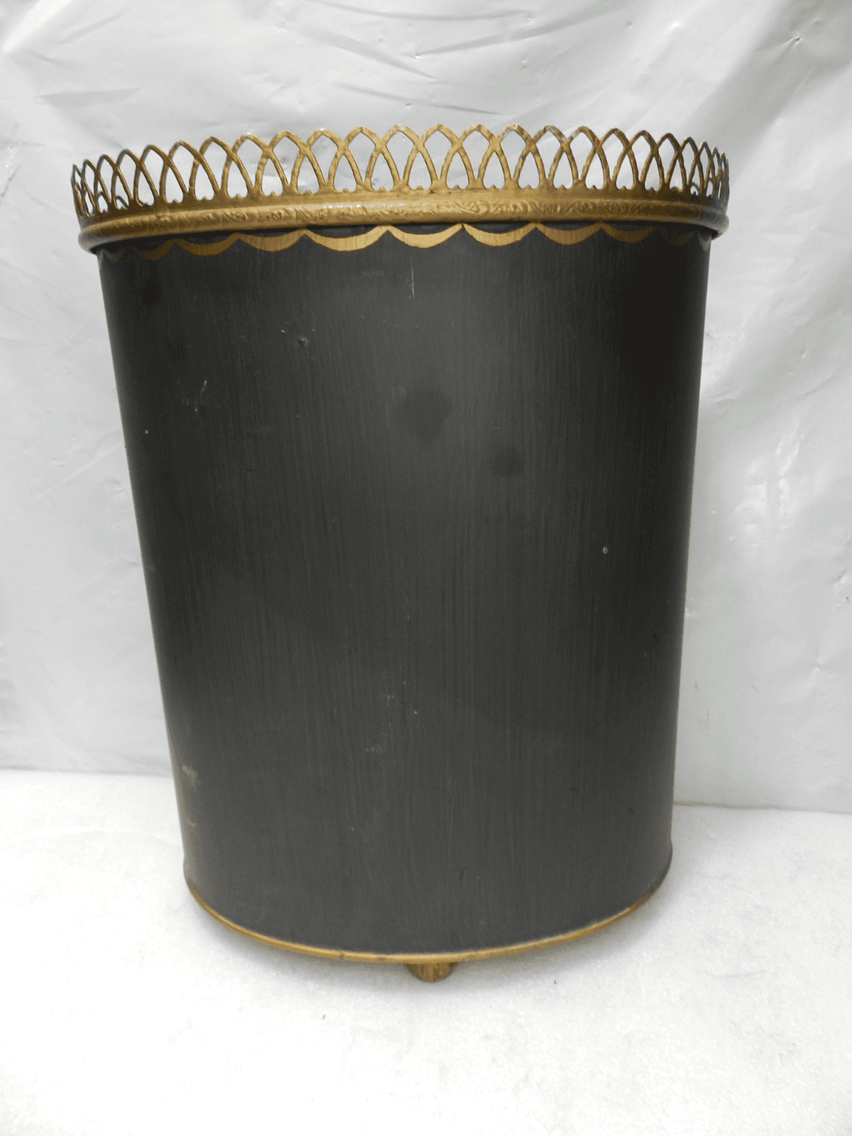 Vintage Ransburg Trashcan Wastebasket Metal Hand Painted Footed (H39J) - Thumbnail 6