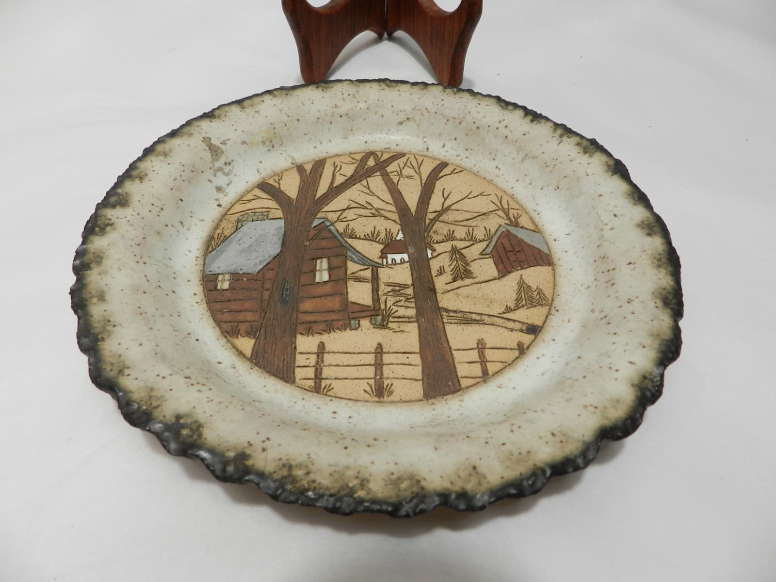 Vintage Pottery Round Plate Country Scene by Barbara Bates Nashville TN Z75S - Thumbnail 2