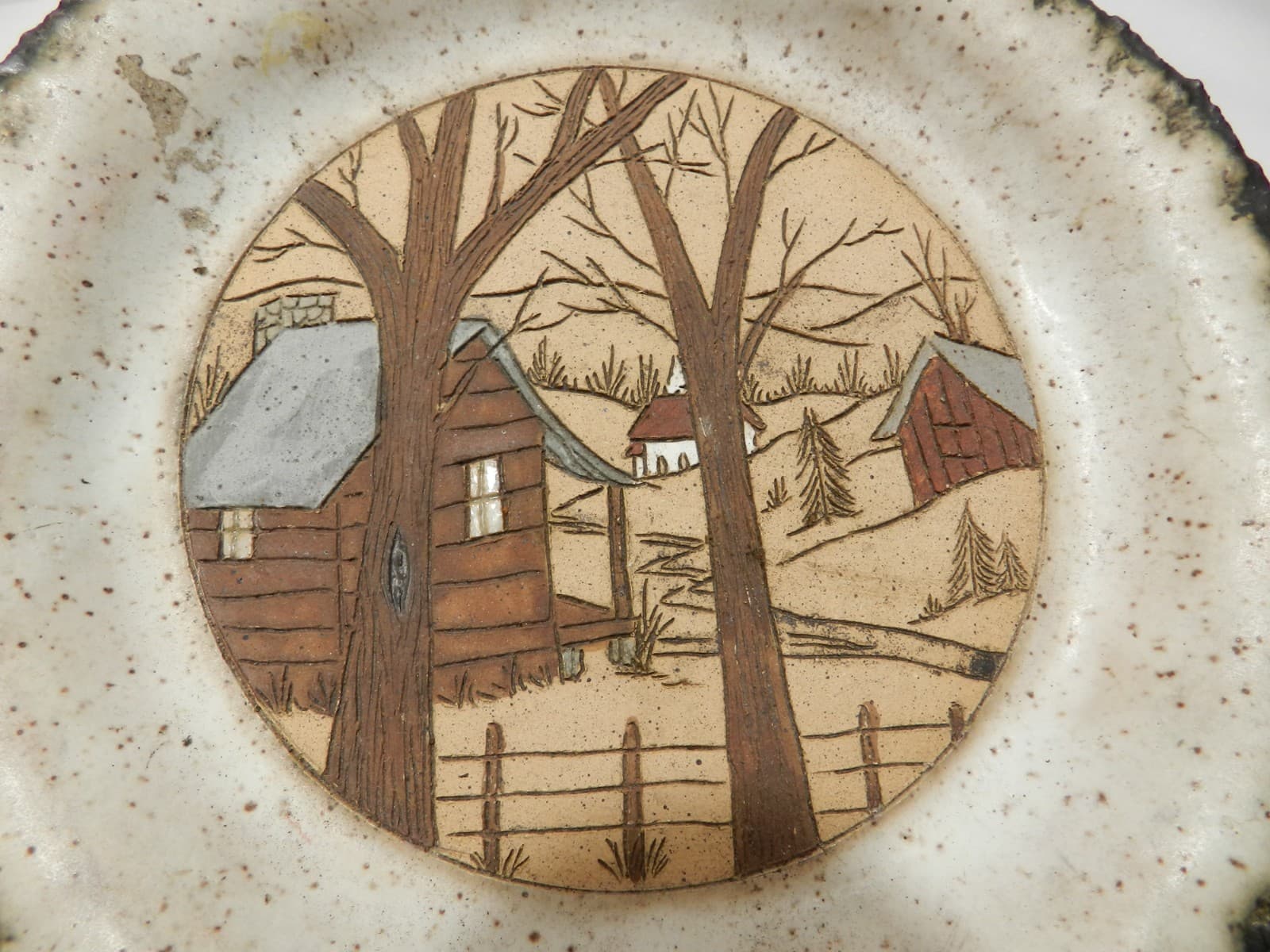 Vintage Pottery Round Plate Country Scene by Barbara Bates Nashville TN Z75S - Thumbnail 3