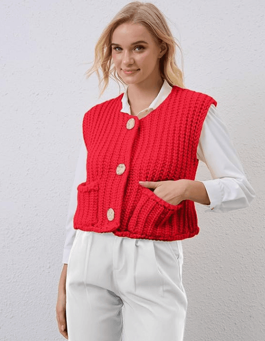 Anna-Kaci Chunky Knit Sleveeles Cropped 3 Button Sweater Red Size Small R10K - Thumbnail 2