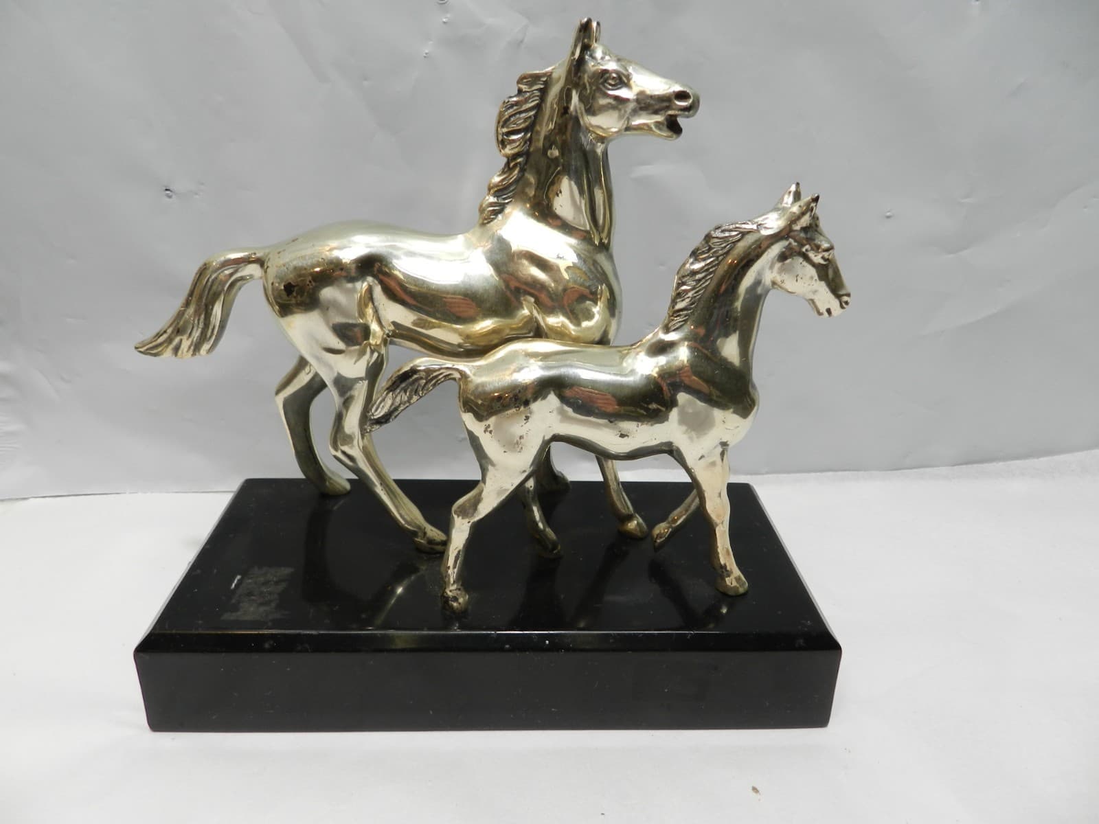 Vintage Silver Horse (Mare & Foal) Statue Black Base 6" Tall (Z86S)