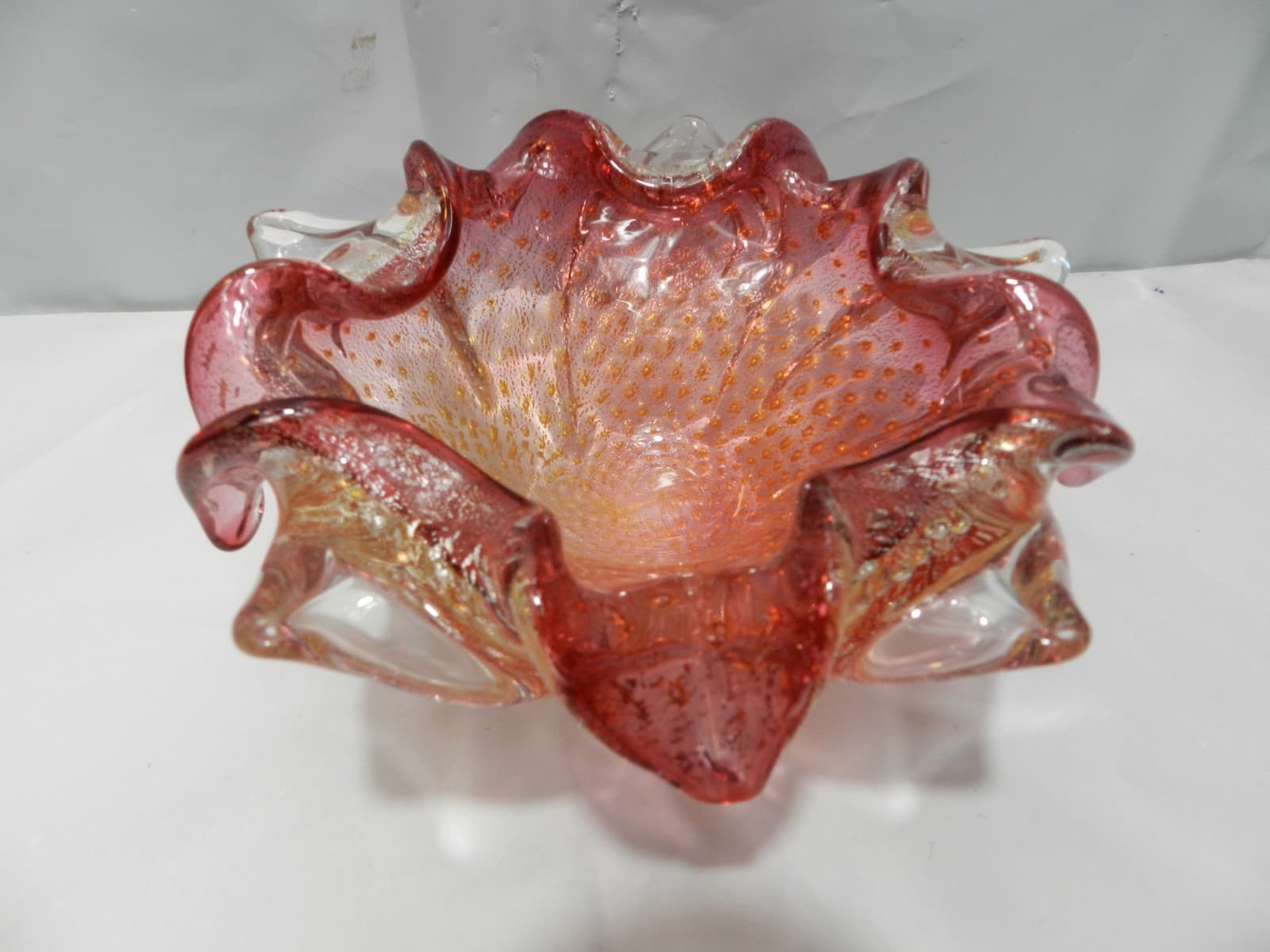 VTG 7" Murano Hand Blown Glass Italian Ashtray Candy Dish Pink Gold Fleck Z80S