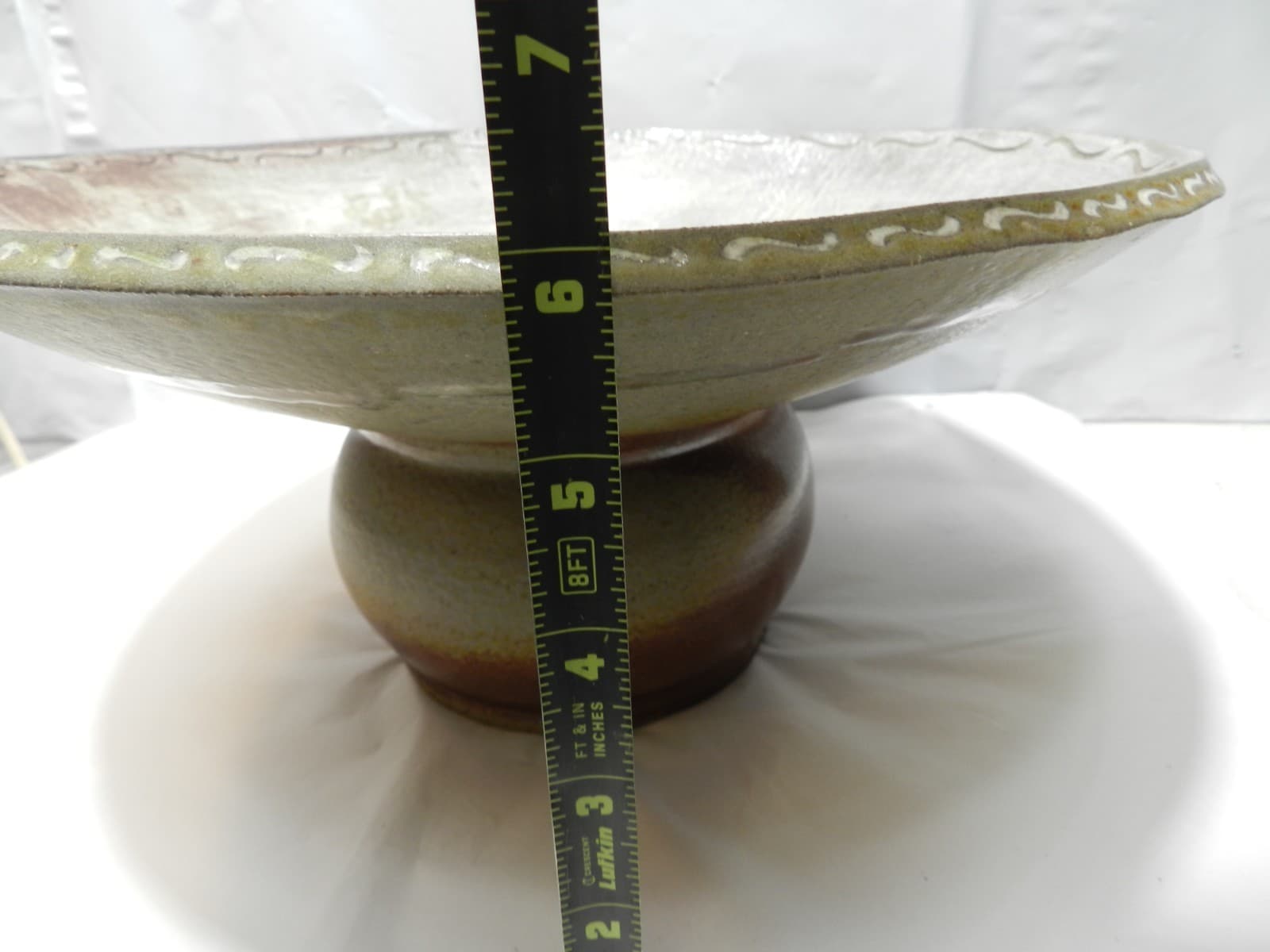 12.5" Ceramic Pottery Footed Serving Bowl Etched Flared Rim Earth Tones Z85S - Thumbnail 11