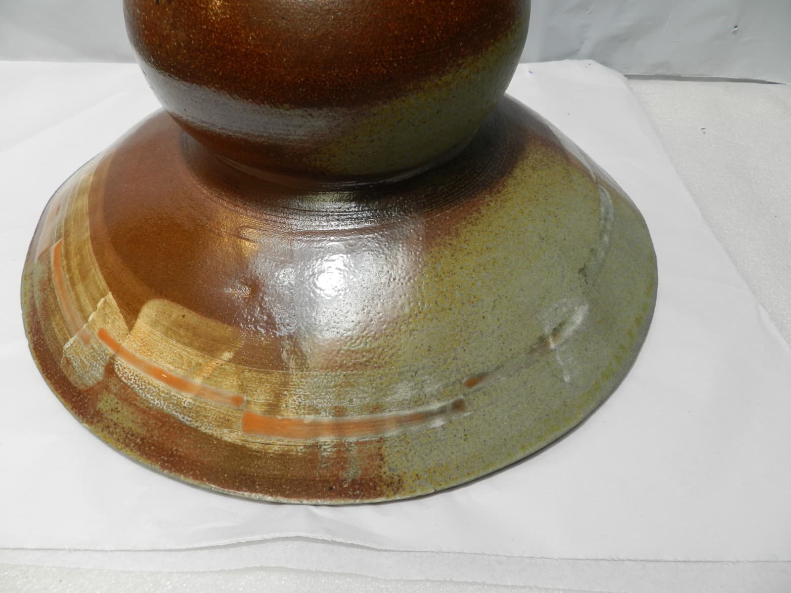12.5" Ceramic Pottery Footed Serving Bowl Etched Flared Rim Earth Tones Z85S - Thumbnail 8