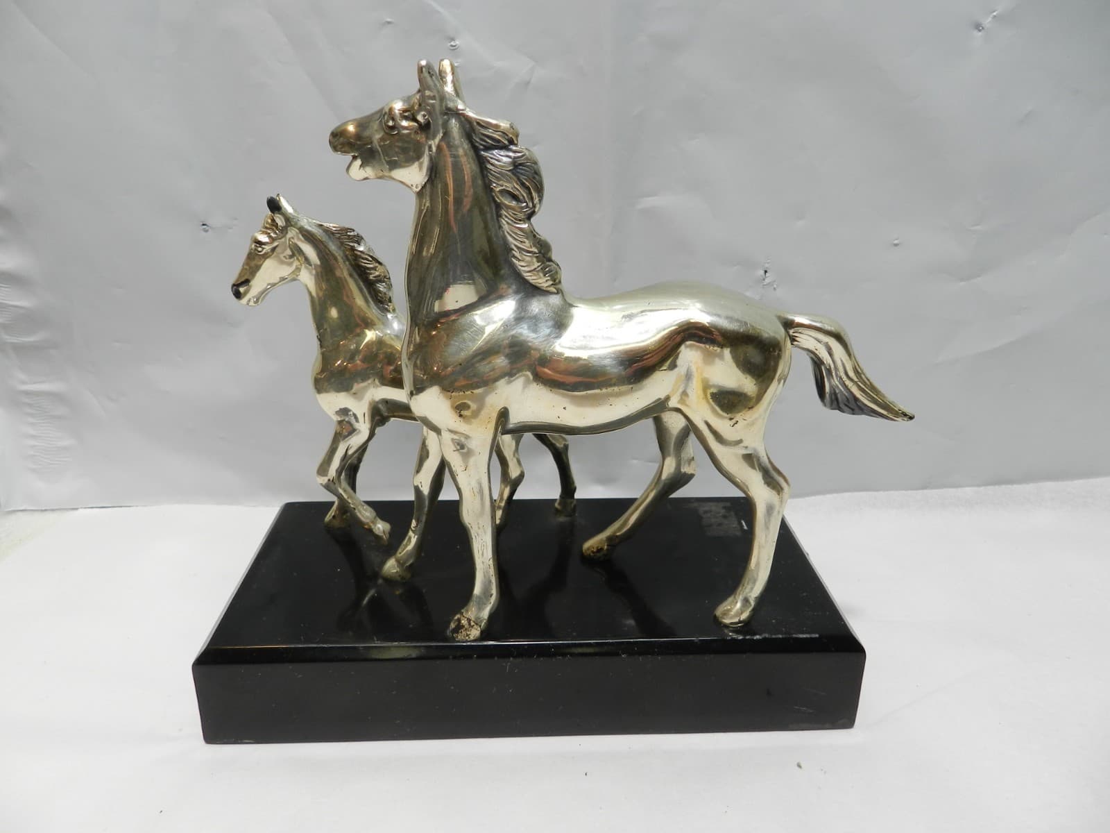 Vintage Silver Horse (Mare & Foal) Statue Black Base 6" Tall (Z86S) - Thumbnail 5