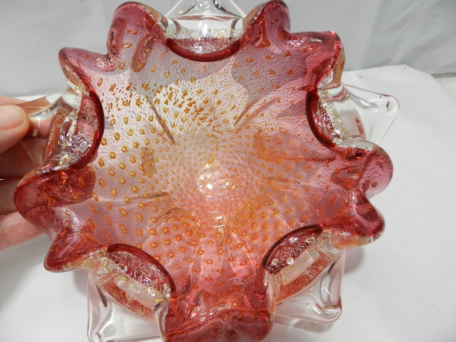 VTG 7" Murano Hand Blown Glass Italian Ashtray Candy Dish Pink Gold Fleck Z80S - Thumbnail 5